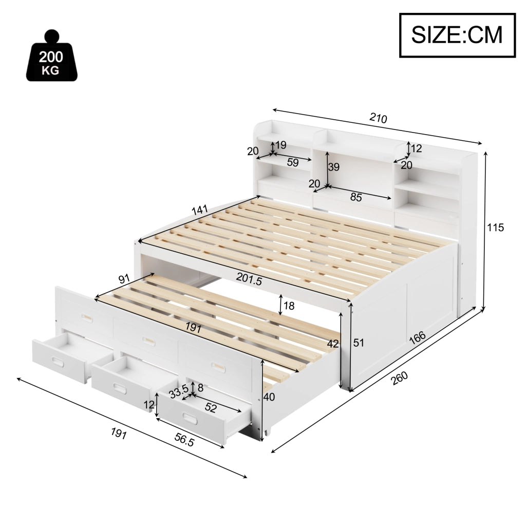 OKWISH Letto a Scomparsa 140×200 cm, Letto Matrimoniale con LED Regolabile, 3 Cassetti, USB, Tipo C e Ripiani, senza Materasso, Bianco