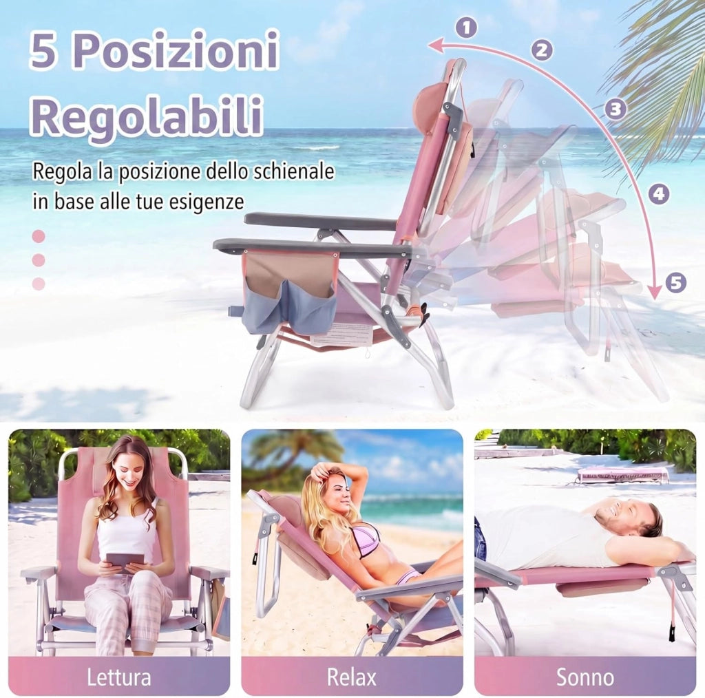 Set di 2 Sedie e Tavolino da Spiaggia Pieghevole, Schienale Regolabile a 5 Livelli, con Portatesta, Borsa Portaoggetti, Borsa Termica, per Campeggio Picnic Esterno (Rosa Chiaro, Modello 2)