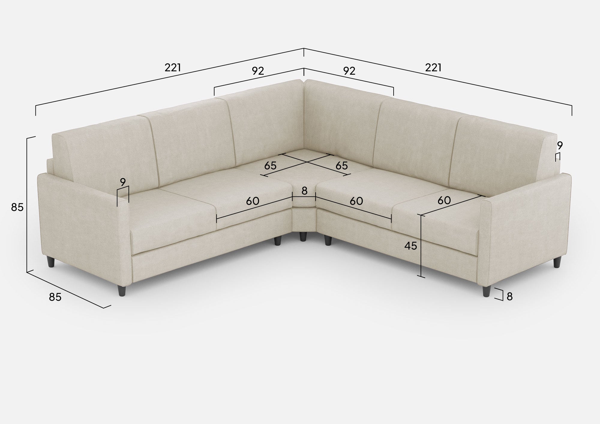 Divano Angolare 5 Posti 221x221x85 cm Karay in Tessuto Latte