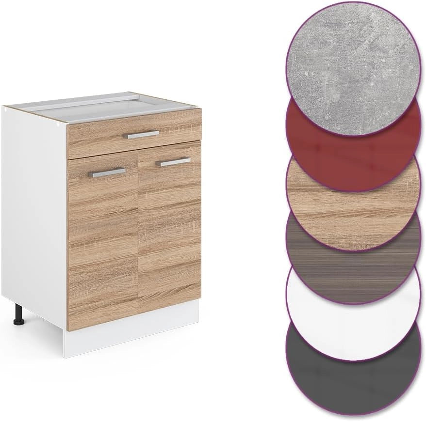 Mobiletto base per cucina R-Line, Sonoma, 60 cm con cassetto, senza piano di lavoro, per la libera combinazione all'interno di sistemi cucina modulari
