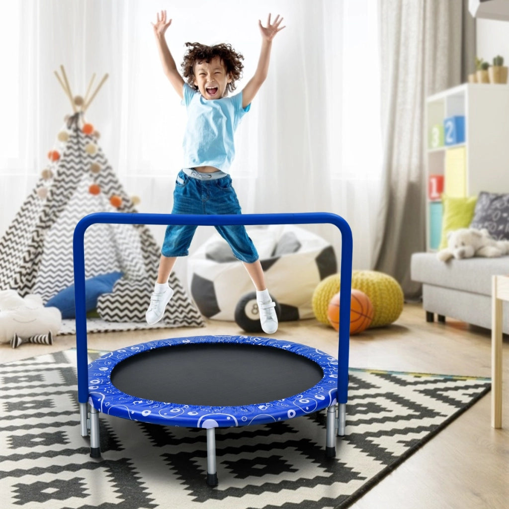 Trampolino per bambini con copertura di sicurezza e maniglia, Tappeto elastico pieghevole 92x92x80,5cm Blu-Trampolini