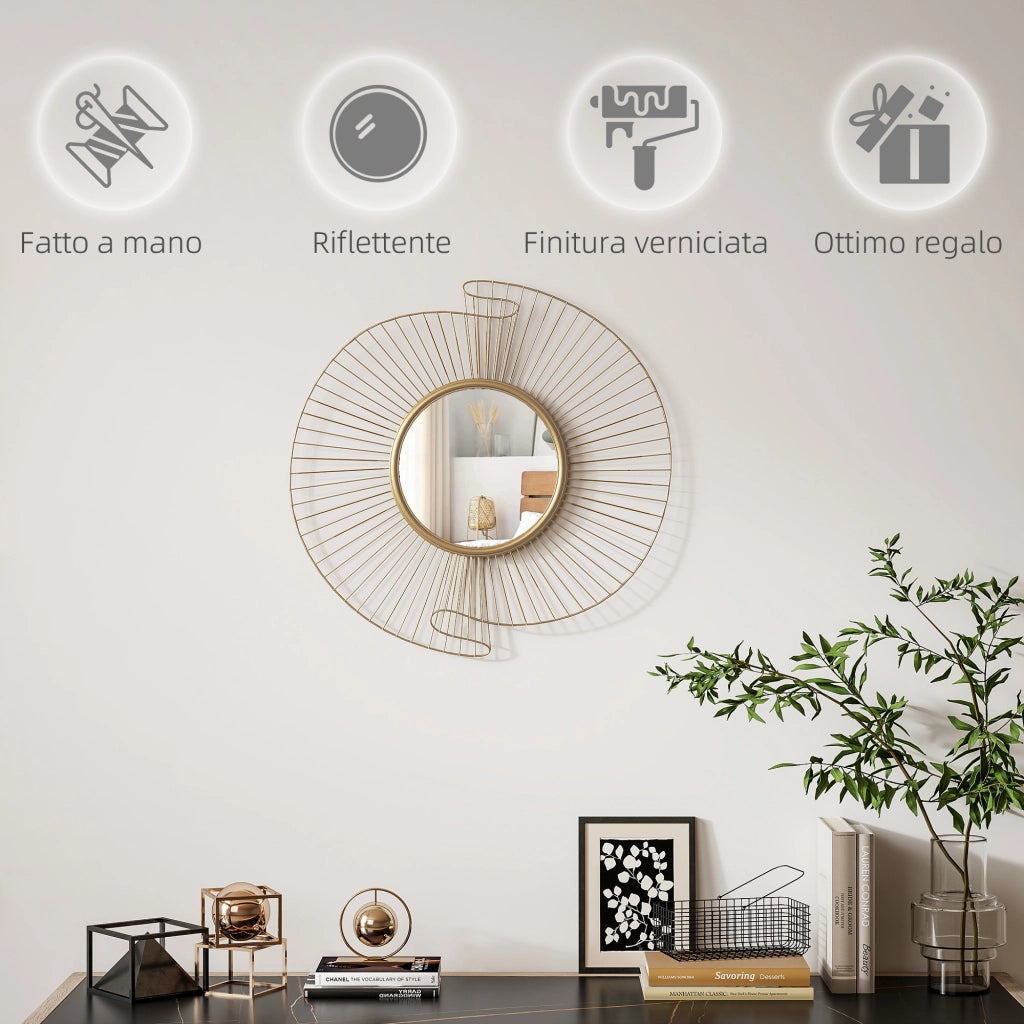 Specchio da Parete Rotondo con Strisce in Metallo e Design Plissettato, 60x60 cm, Oro