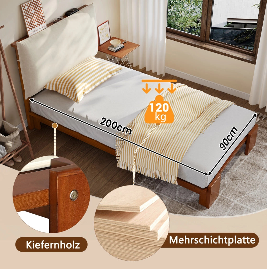 Letto singolo imbottito con schienale a strappo; 90x200 cm; marrone