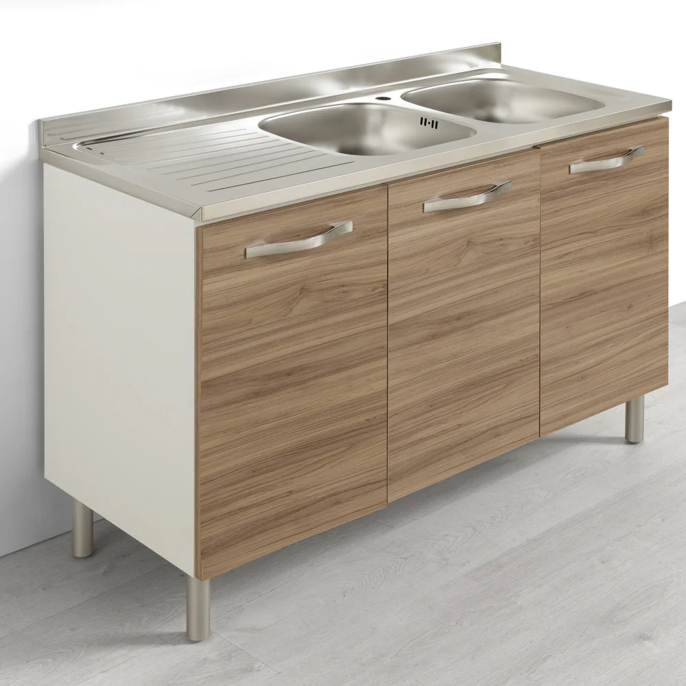 Sotto lavello + Lavello Vs DX per cucina componibile da 120 cm con 3 ante linea MAKA, realizzata in legno 100% MADE IN ITALY, colore Noce