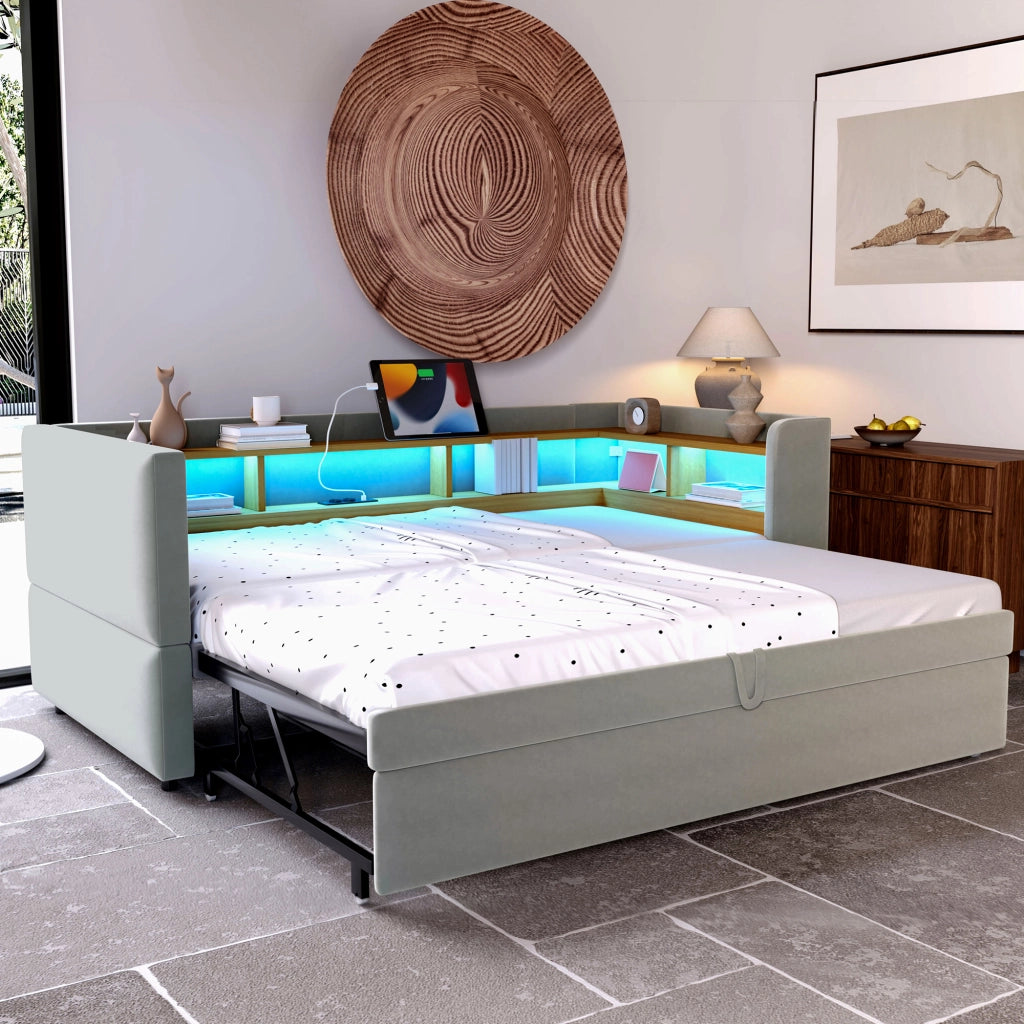 OKWISH Letto a Divano Singolo, con LED Regolabile, Prese, Mensole, 90×190 cm e 180×190 cm, senza Materasso, Tessuto Grigio Chiaro