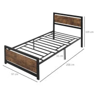 Struttura Letto Singolo in Legno e Acciaio con Doghe in Stile Industriale, 90x200cm