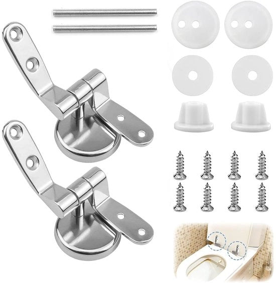 Set di Scharniere per WC - 2 Pezzi - Scharniere Universali per WC - Set di Sostituzione per Scharniere - RVS - Incluso Kit di Installazione - Sostituzione Scharniere per WC - Attrezzatura di Montaggio per Closet