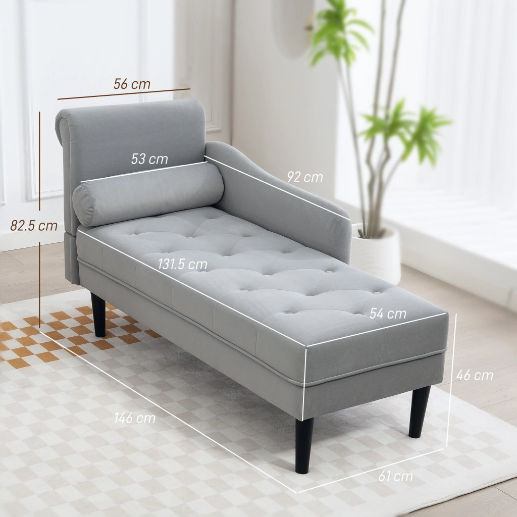 Chaise Longue con Rivestimento Trapuntato Effetto Velluto Grigio, in Legno Massello e Spugna, 146x61x82.5 cm