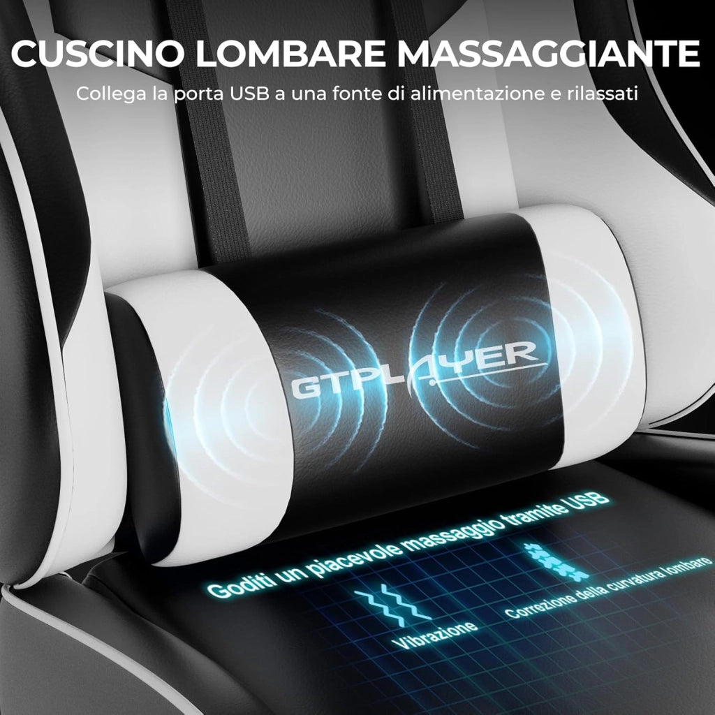 Sedia da Gaming Massaggiante ed Ergonomica con Schienale Regolabile, Poggiapiedi e Supporto Lombare - Reclinabile, Bianco