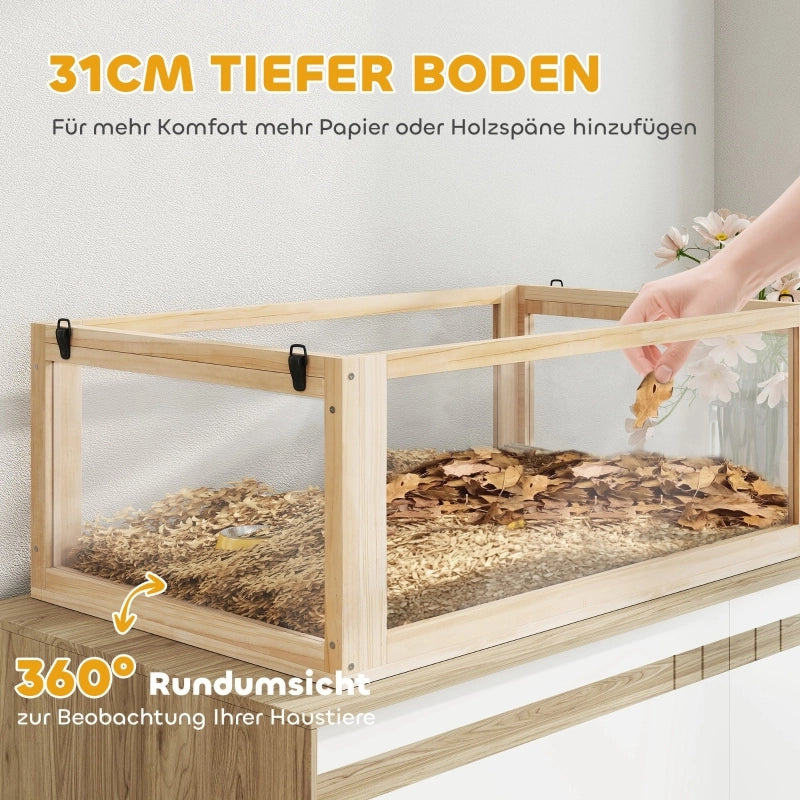 Scaffale a 3 livelli per piccoli animali con accessori, pannelli acrilici e apertura frontale in legno naturale 80 × 50 × 76 cm