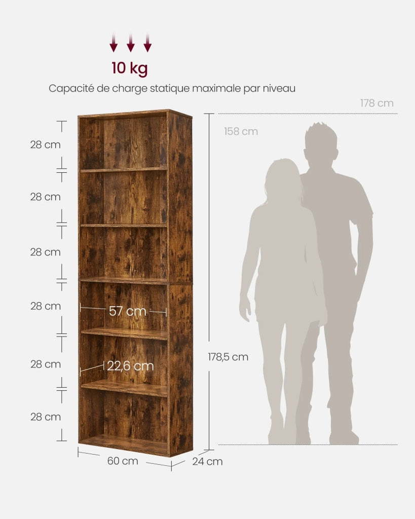 Libreria/mobile contenitore a 6 ripiani per soggiorno ufficio camera da letto stile scandinavo 40 x 24 x 1785 cm marrone 12_0004251