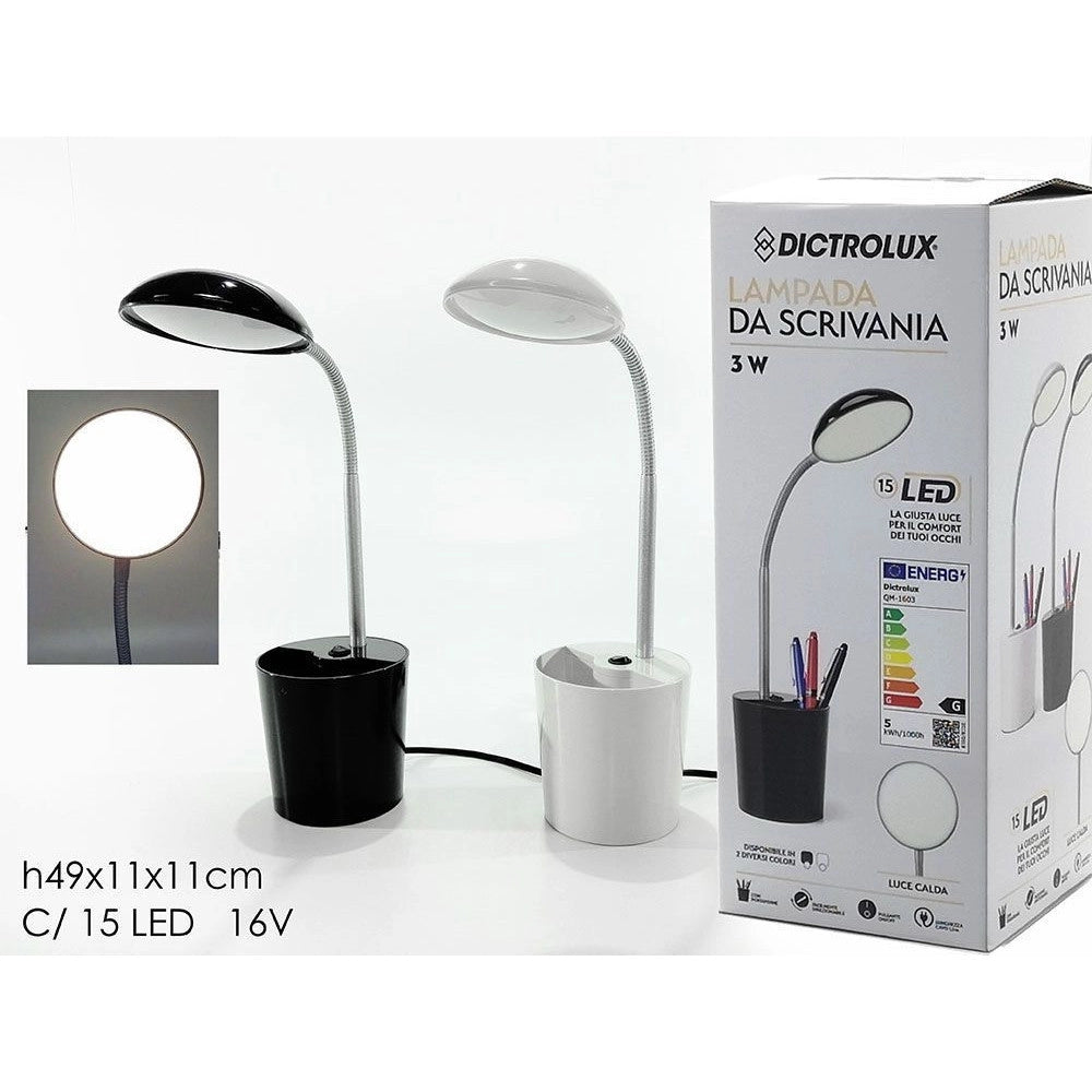 Trade Shop - Lampada Da Tavolo Scrivania Con Portapenne 3 Watt 15led 16v A Luce Calda In 2 Colori -