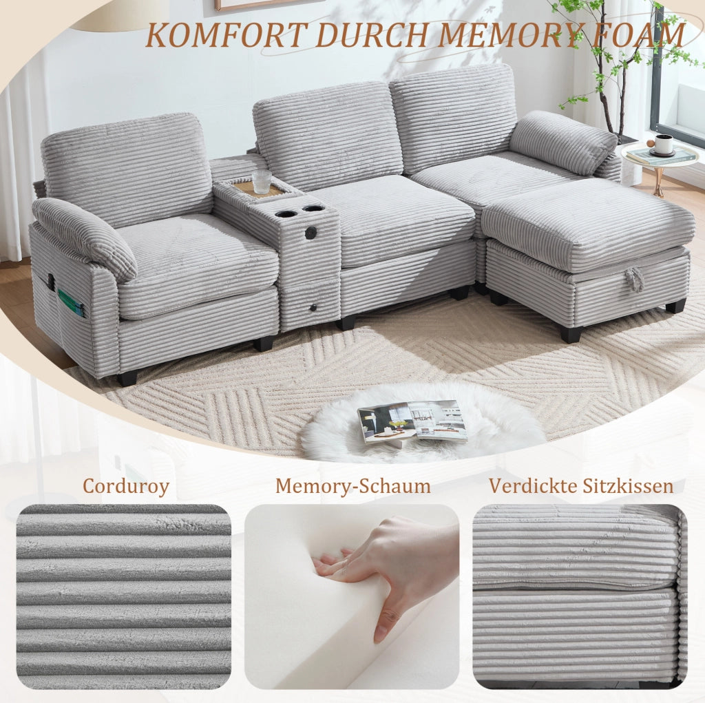 Divano modulare in corduroy grigio chiaro con memory foam; USB-C e pouf contenitore 266 cm