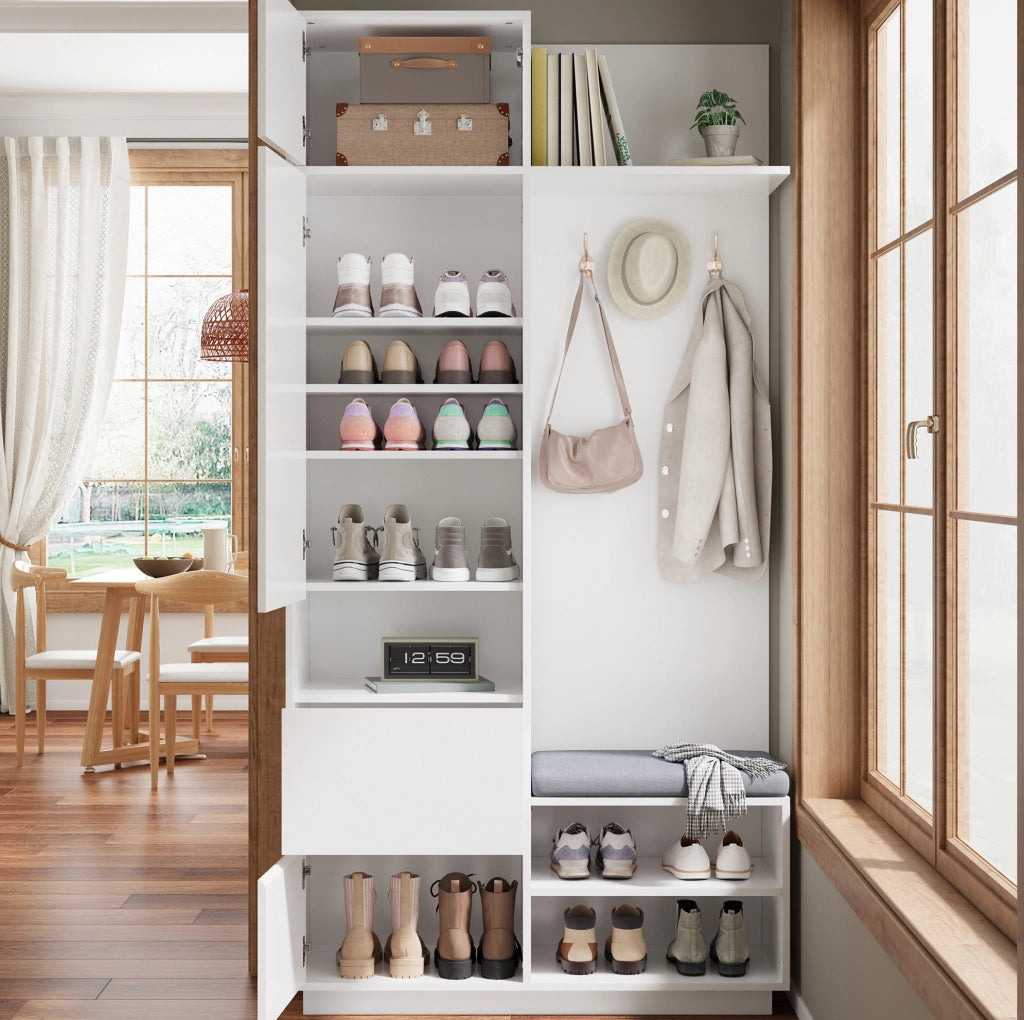 Mobile ingresso 5 in 1 con specchio; panca e scarpiera 90x34;5x190 cm; bianco in MDF
