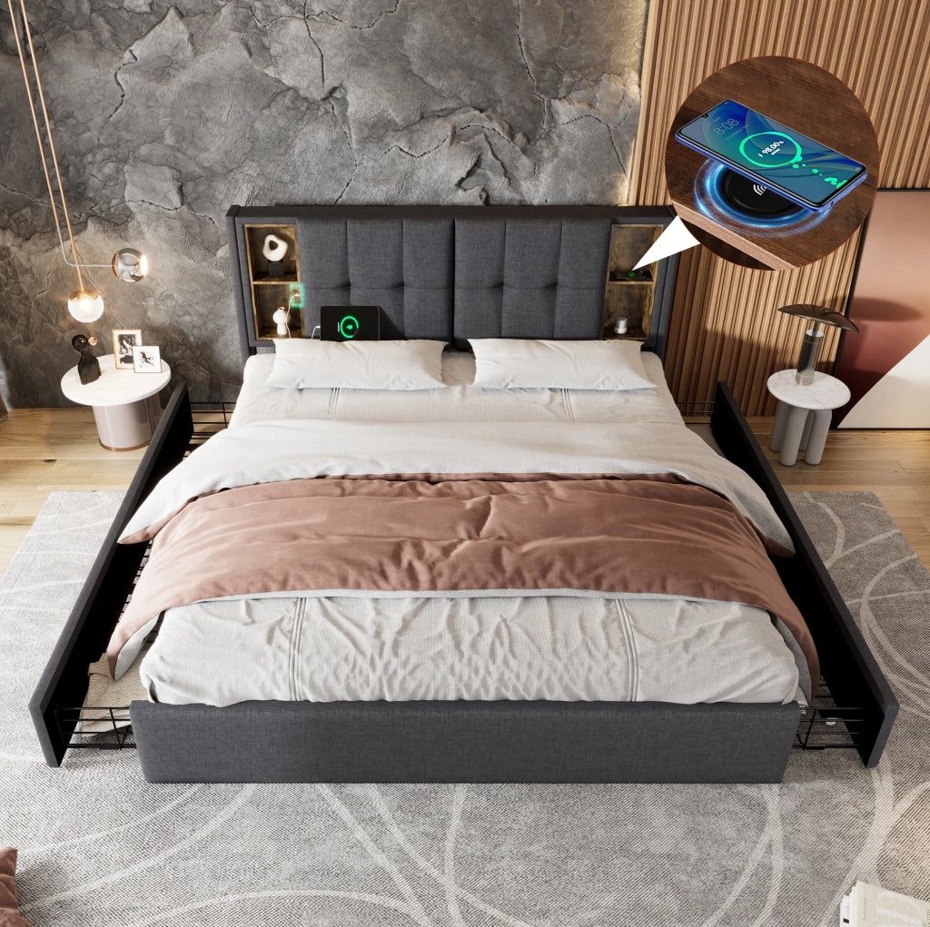 Letto matrimoniale imbottito 160x200 cm con ricarica e cassetti