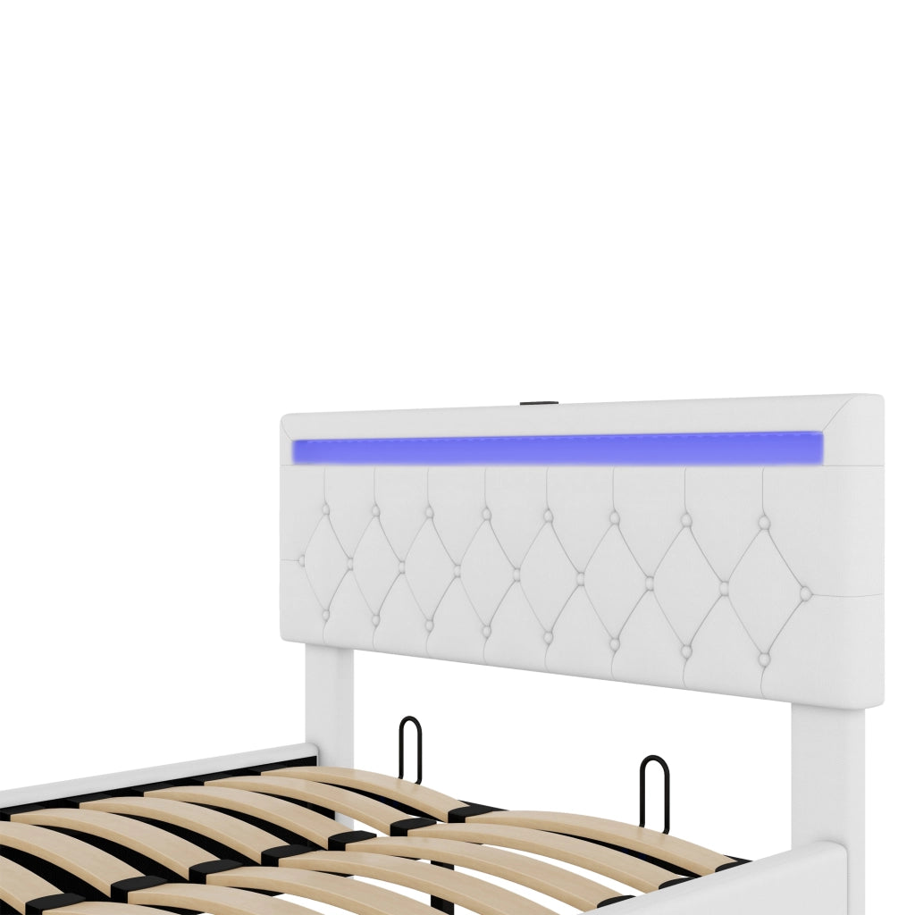 Letti contenitori 140x200 cm; sollevabile con LED e porte USB; in lino e MDF; bianco