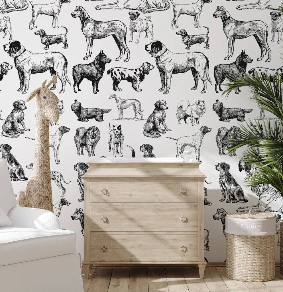 Carta da Parati Cani Bianchi e Neri Carta Vegana 250x200cm 5,5mq 