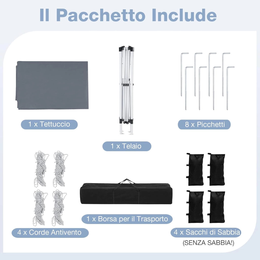 Gazebo da Esterno Pieghevole 290 x 290 cm, Gazebo Pop up con 4 Sacchi di Sabbia e Borsa da Trasporto, Regolabile in Altezza, Telaio Robusto in Metallo, per Mercato, Campeggio (Grigio)