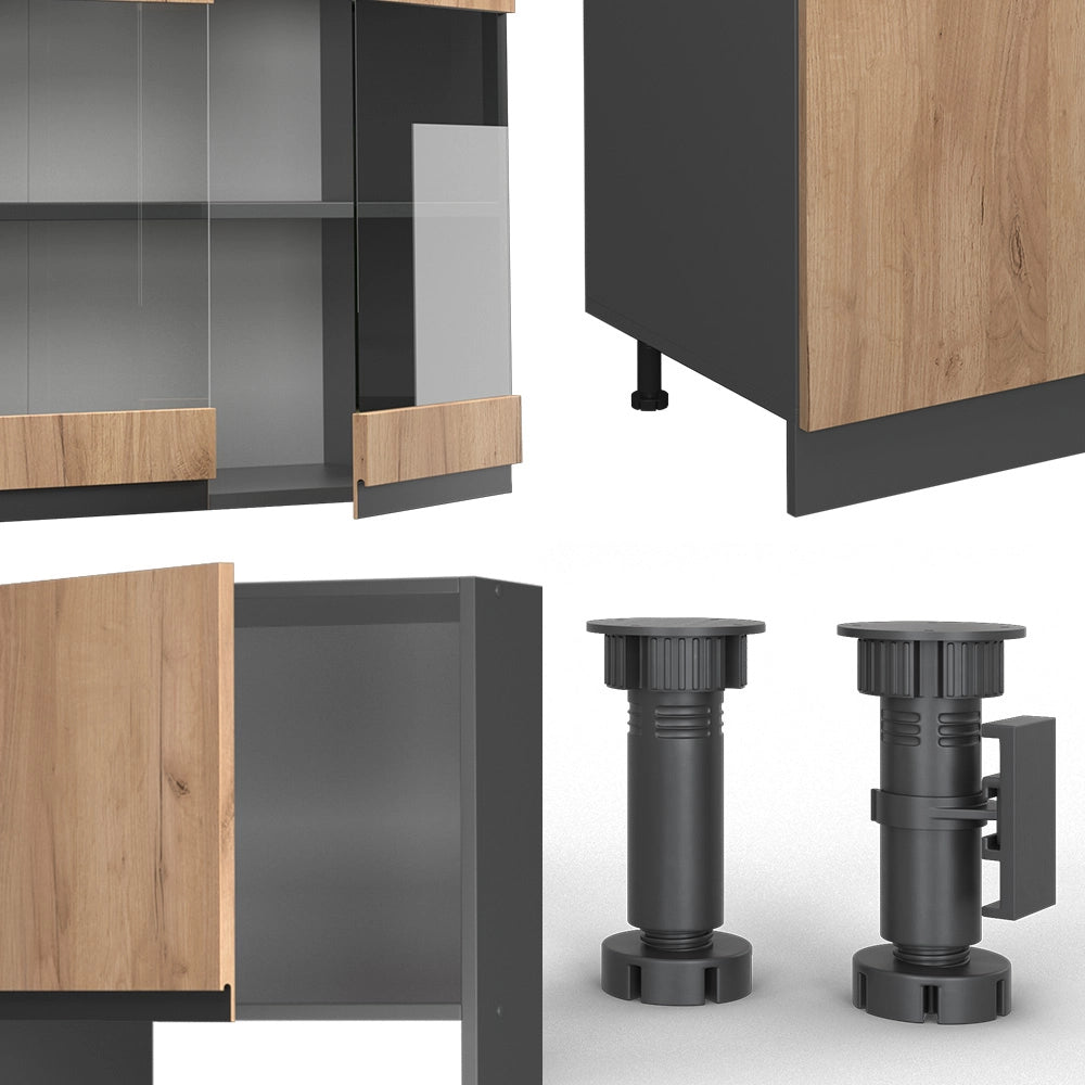 Cucina componibile R-Line Rovere dorato/Antracite 300 cm J-Shape con armadio alto, PL Rovere Vicco