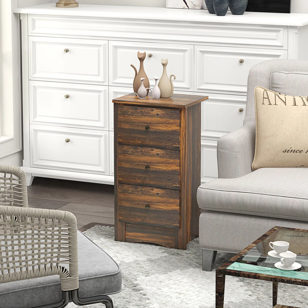 Comodino Rustico con 3 Cassetti in Legno ¨C Zephmum ¨C 40x30x74 cm Marrone