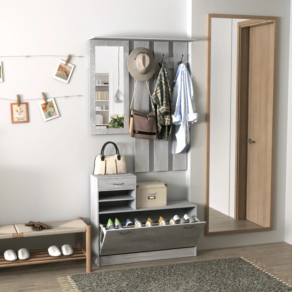 Mobile Ingresso Appendiabiti con Scarpiera e Specchio ¨C Zephmum ¨C Grigio Cemento
