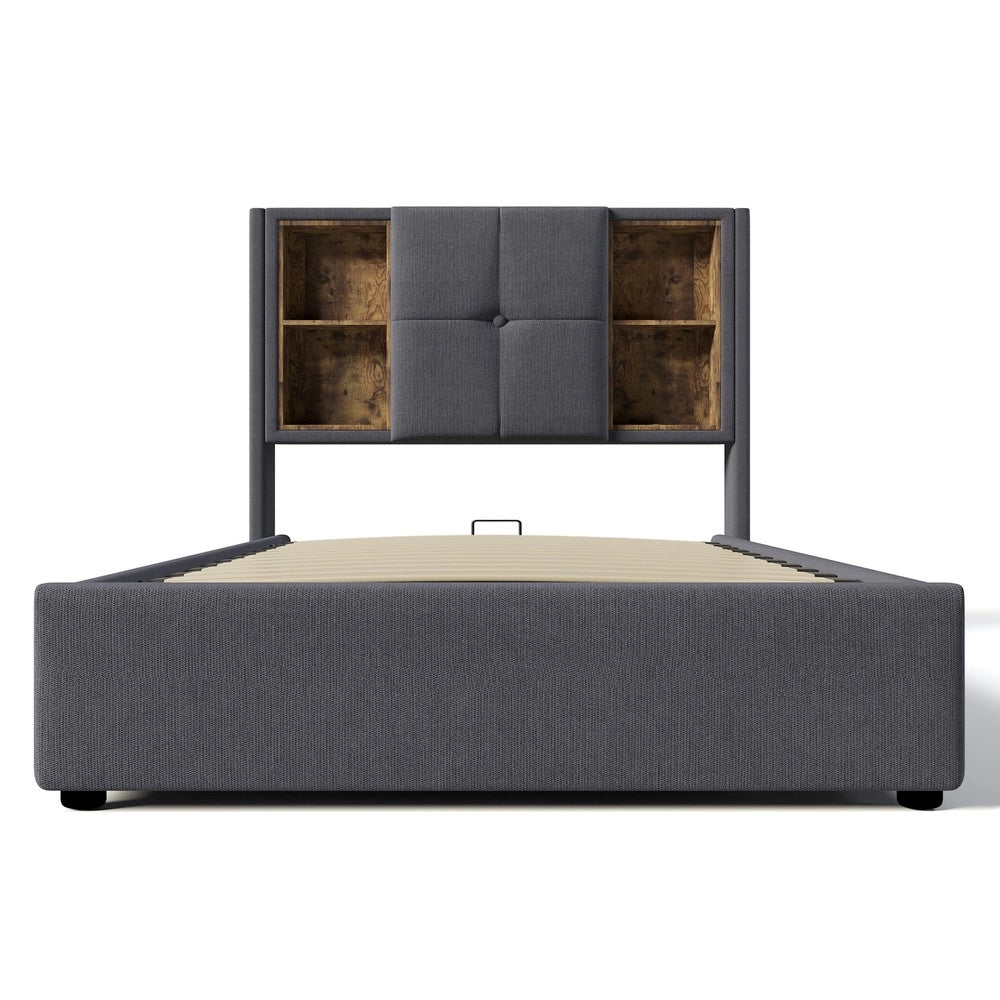 Letto Singolo Imbottito con Contenitore e Rete a Doghe ¨C MINIMAL ¨C Grigio, 90x200