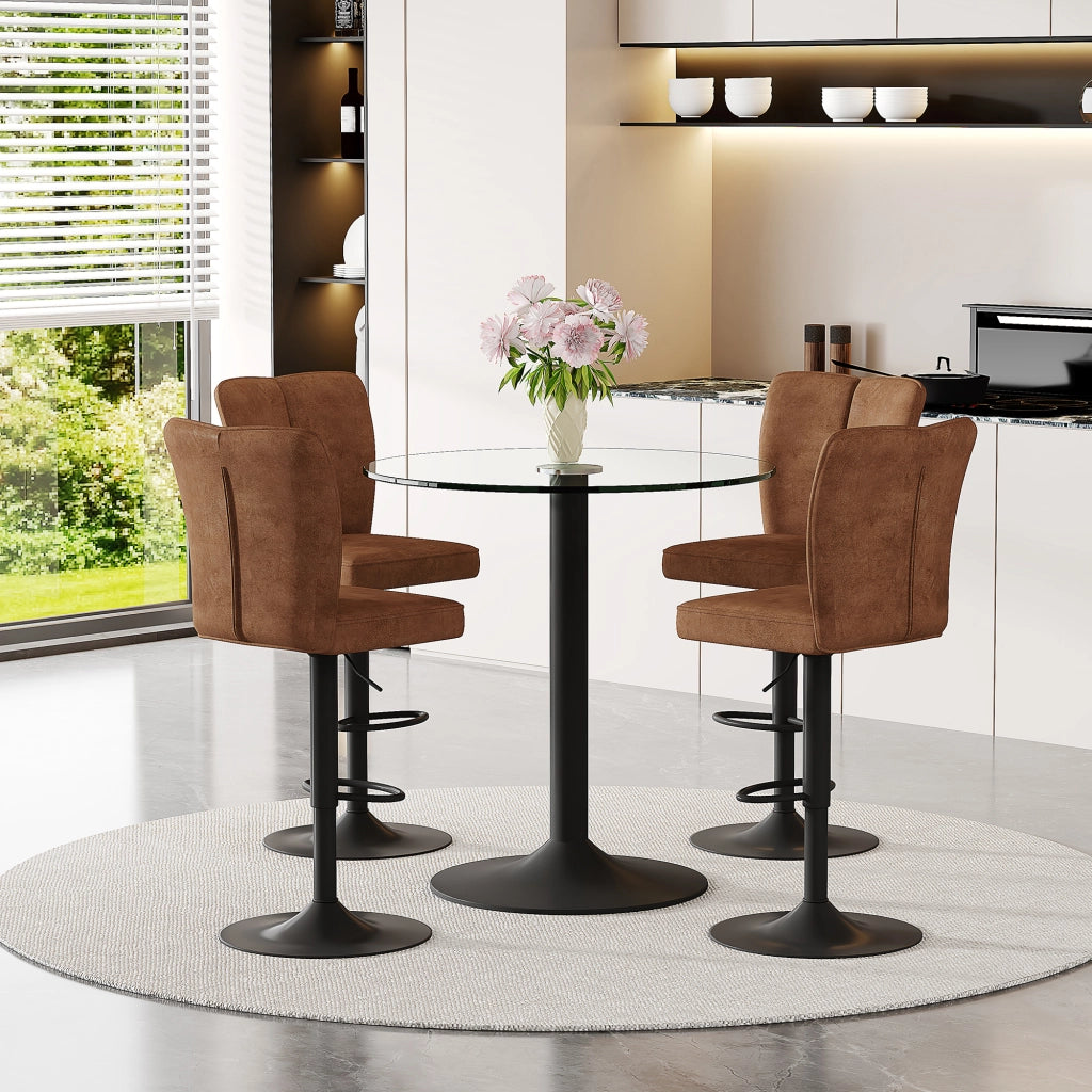Tavolo da pranzo per 4 persone con piano rotondo in vetro, 4 sgabelli girevoli, per cucina e bar, marrone e nero, 89 cm