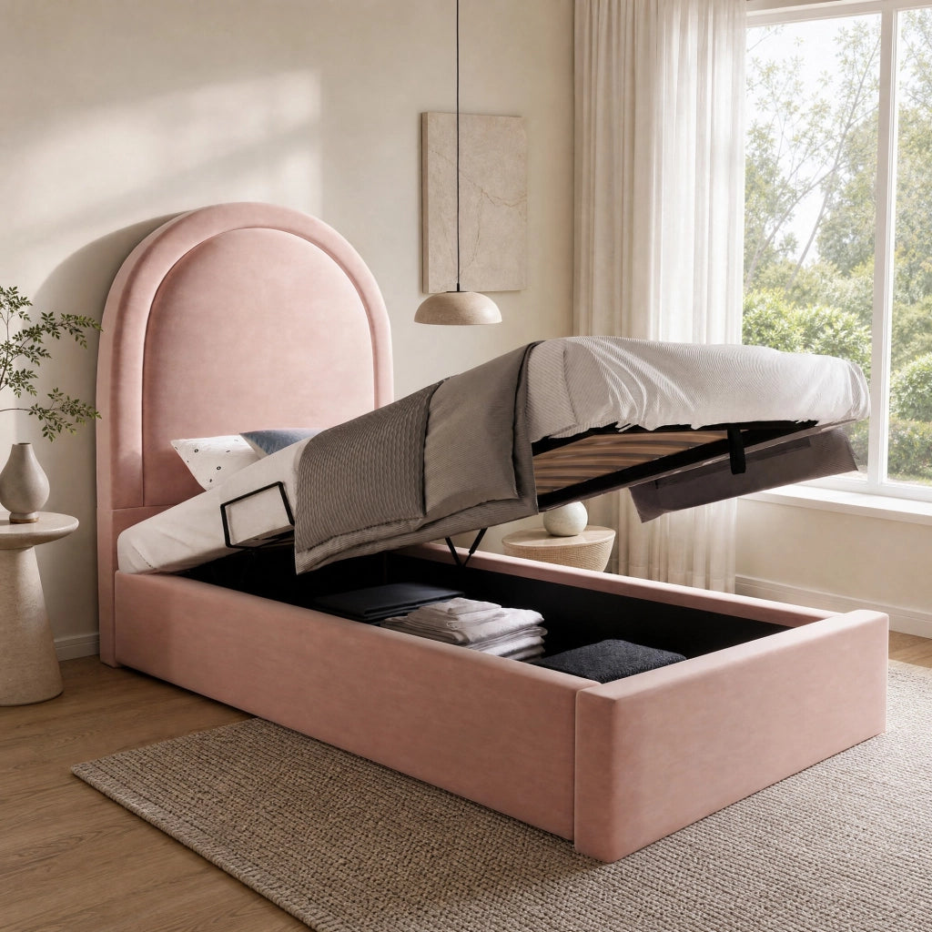 LETTO imbottito con contenitore 90x200 cm rosa in velluto