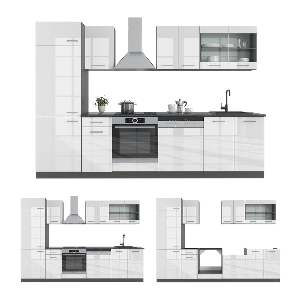 Cucina componibile R-Line Bianco lucido/Antracite 300 cm senza piano di lavoro Vicco