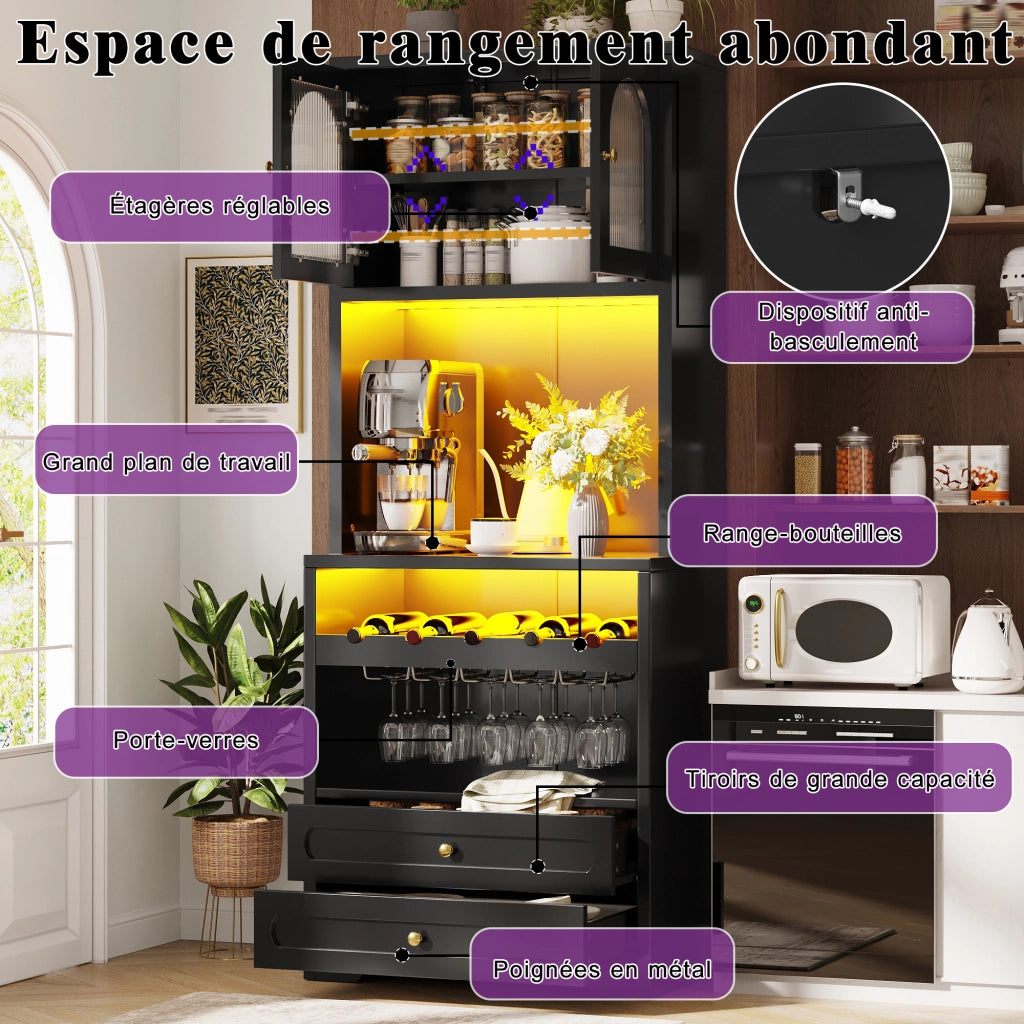 Credenza con ante in vetro; LED e USB; ripiani regolabili; cassetti; per cucina e soggiorno; MDF nero; 70 × 40 × 180 cm