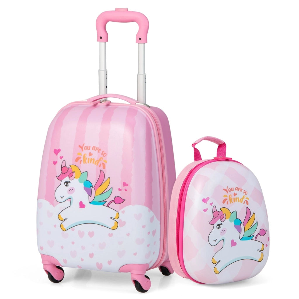 Set di 2 valigette per bambini da viaggio con ruote girevole 360¡ã, Trolley bimbo e zaino Binaco e rosa