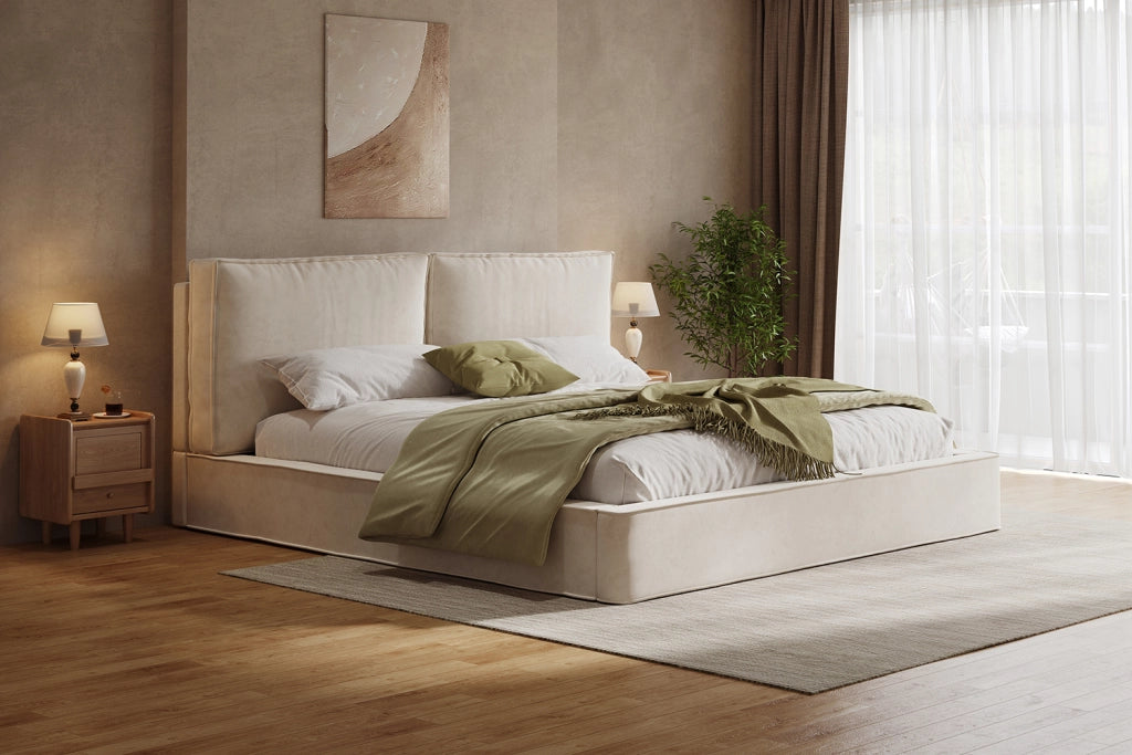 Letto matrimoniale 160 × 200 cm con rete a doghe, testiera imbottita, senza materasso, chenille beige