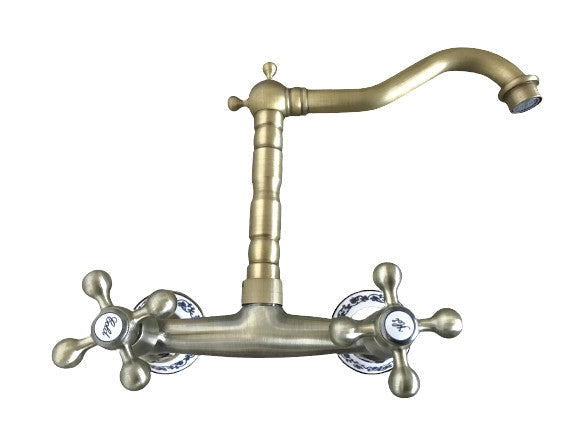 Rubinetto a parete bronzato vecchio ottone vintage dettagli in ceramica