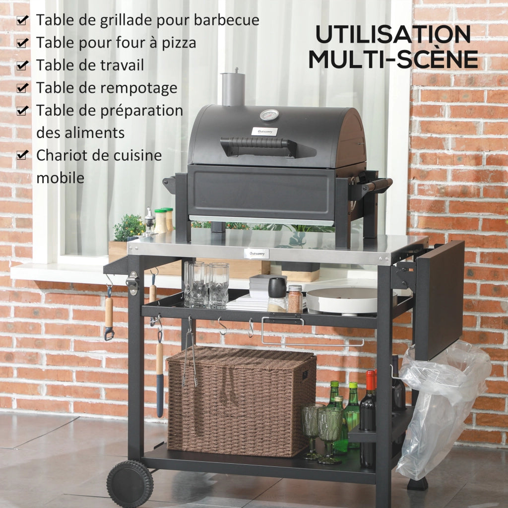 Carrello per barbecue plancha con ripiano in acciaio inox, 6 ganci e ripieghevole ¨C zephmum ¨C grigio 60x45x90