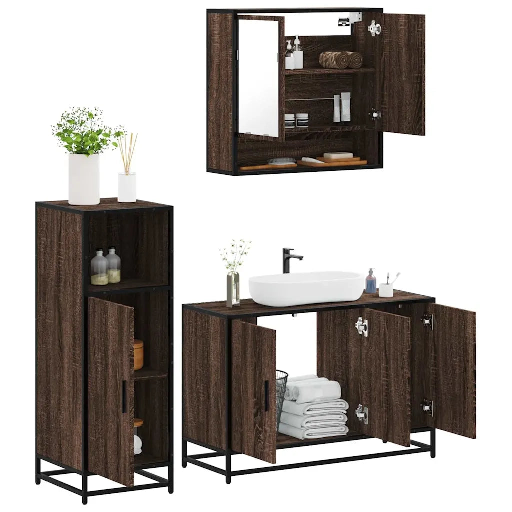 Set Mobili da Bagno 3 pz Rovere Marrone in Legno Multistrato