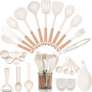 Set di utensili da cucina in silicone da 28 pezzi - pentola antiaderente - con maniglia e supporto in legno - bianco