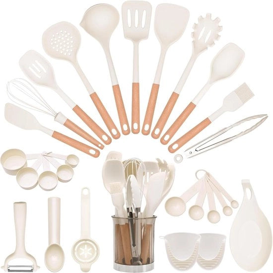 Set di utensili da cucina in silicone da 28 pezzi - pentola antiaderente - con maniglia e supporto in legno - bianco