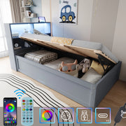 Letto multifunzionale 90x200 cm con LED, prese integrate e vani in grigio
