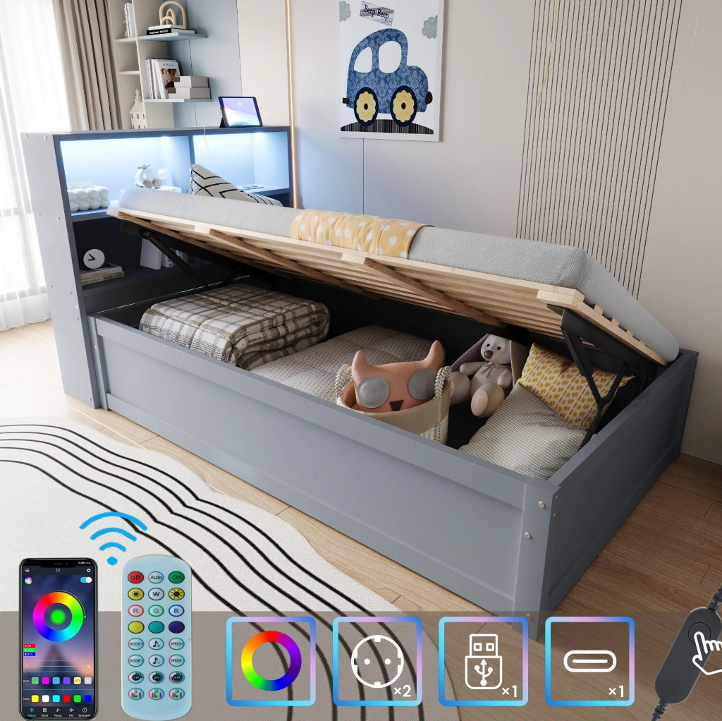 Letto multifunzionale 90x200 cm con LED, prese integrate e vani in grigio
