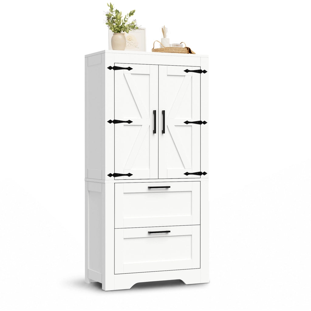 Credenza alta in stile rustico con ante effetto fienile, 2 cassetti, ripiani regolabili, colore bianco
