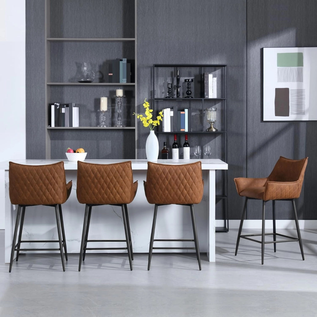 4 Sgabelli da Bar con Schienale, Sedie da Cucina con Braccioli, Poltrone con Poggiapiedi Quadrato, Sedile in PU Retrò e Gambe in Metallo, per Sala da Pranzo, Bistrot, Marrone, BH391br-4