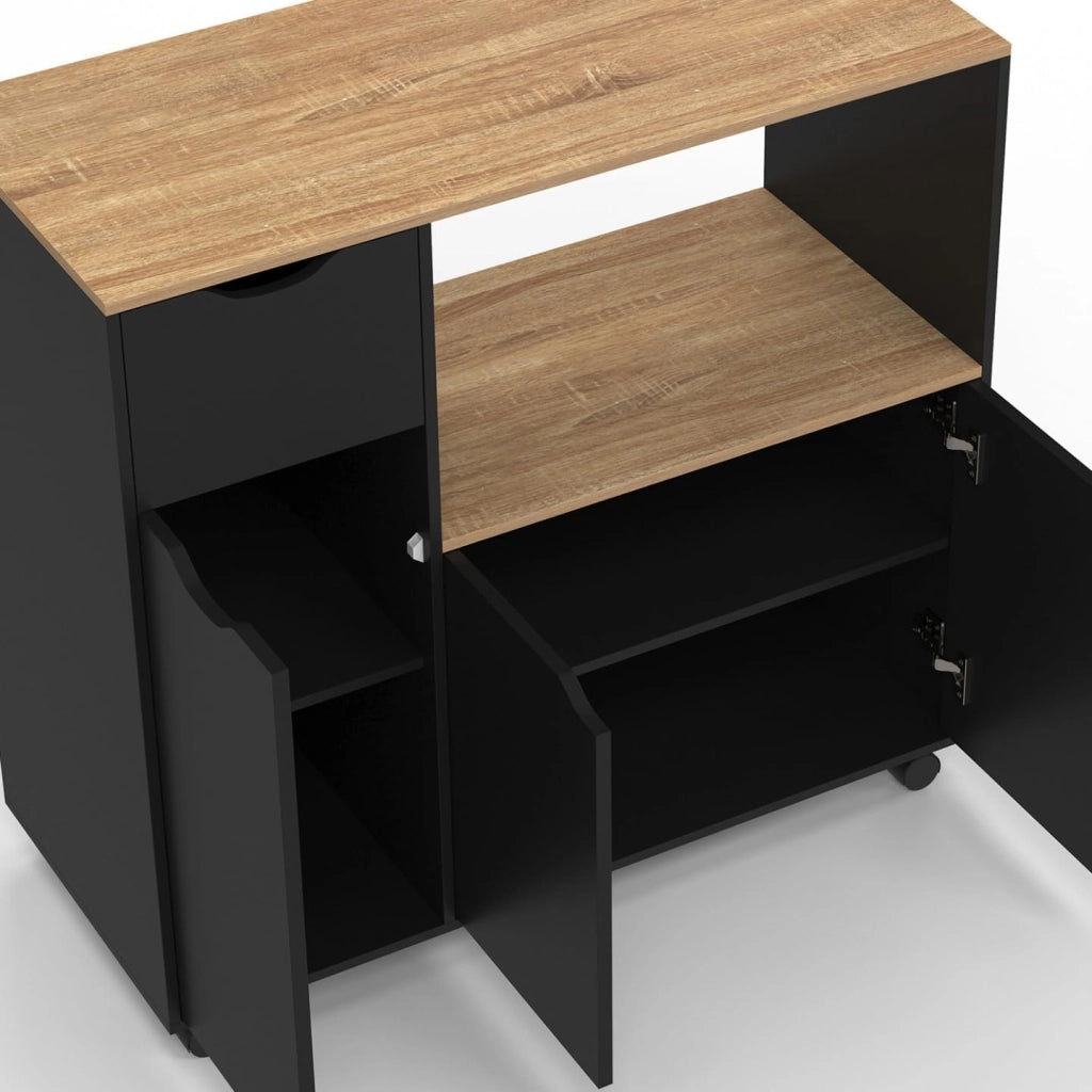 Credenza COSI XXL per microonde con cassetto in legno nero e ripiani in faggio L.90 cm
