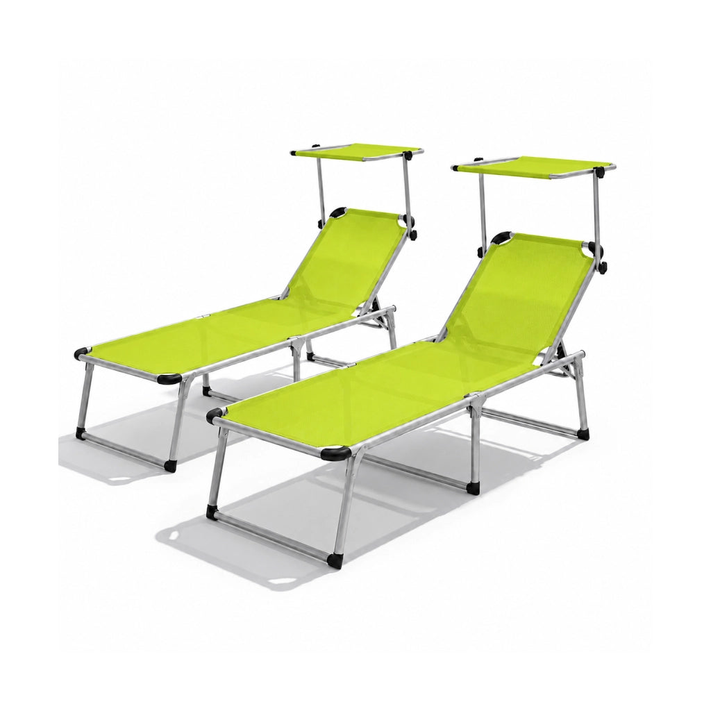 Coppia Di Lettini Da Spiaggia Pieghevoli Parasole Con Schienale Reclinabile Regolabile 6 Posizioni Struttura In Alluminio Sedia Prendisole Mare Giardino Piscina 187 x 59 x 29 Cm Verde Fluo
