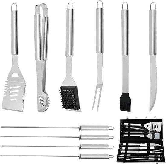Accessori per barbecue, acciaio inossidabile, set di barbecue di alta qualità, con contenitore portatile, set di accessori per barbecue perfetto per uomini, con termometro per carne, regalo.