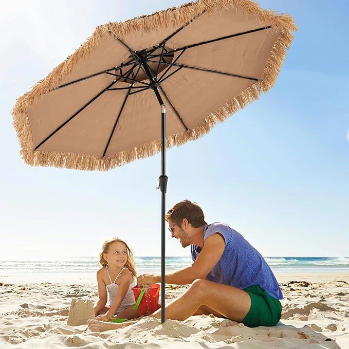 Ombrellone da Spiaggia 270 cm, Ombrellone Hawaiano in Paglia PE con 8 Stecche, Manovella Manuale, Inclinazione Regolabile, Ombrellone Portatile per Spiaggia, Patio