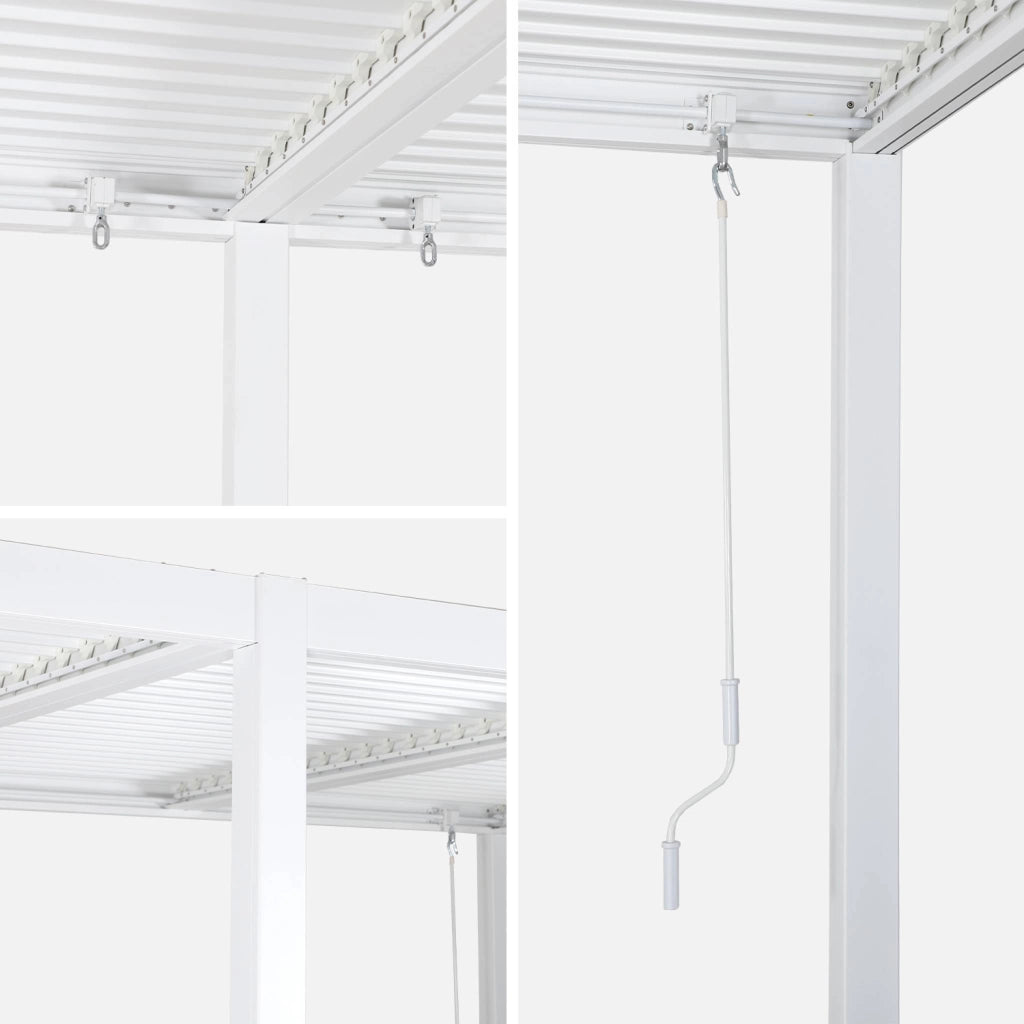 Pergola bioclimatica 3x6m in alluminio e acciaio + 4 tende 3m, bianco