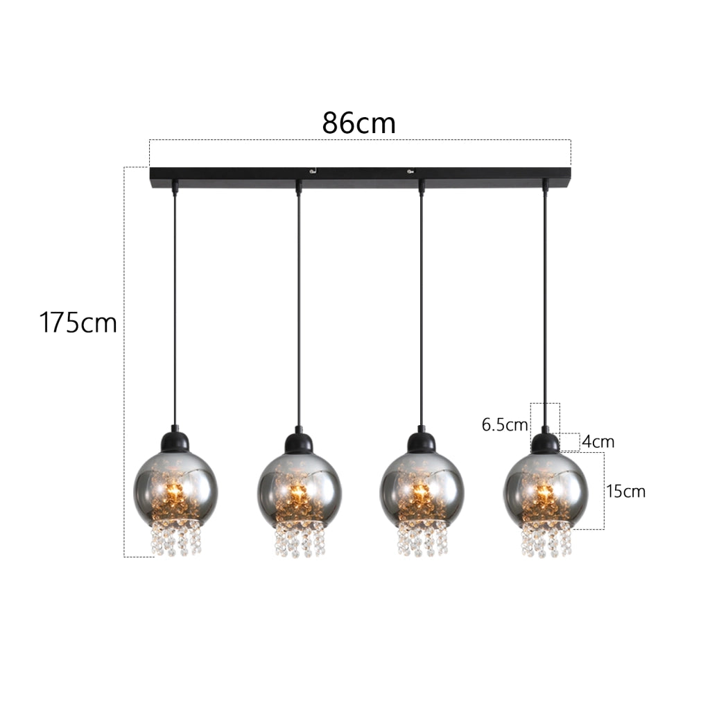 Lampada a sospensione ZMH per sala da pranzo 4 fiamme E27 cristallo Ruachgrau Lampada a sospensione per camera da letto