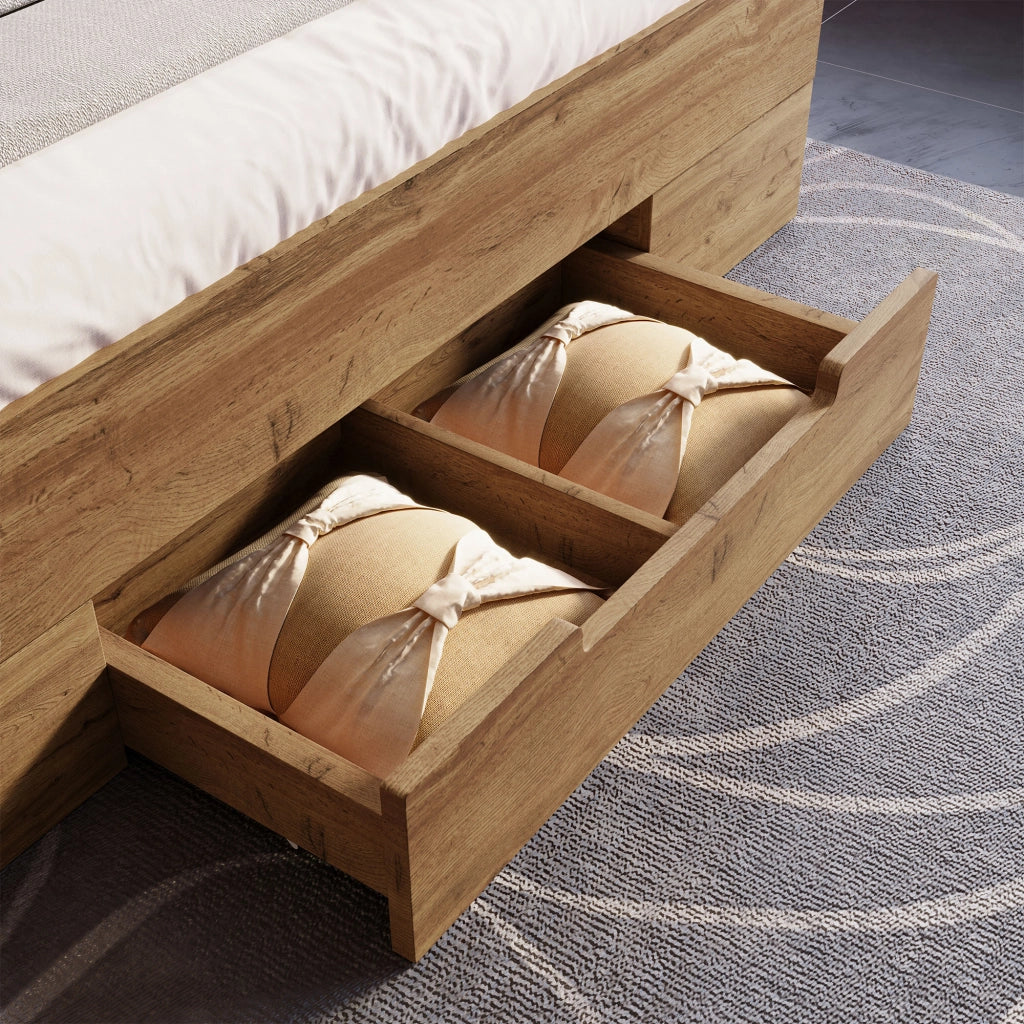 Letto in legno massello – 180x200 cm – LED USBC cassetti – rovere