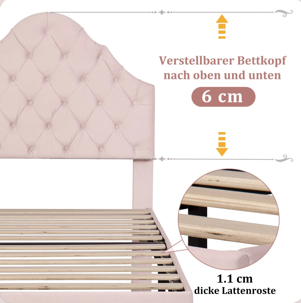 Letto imbottito 90x200 cm con rete a doghe e testiera regolabile in altezza; velluto rosa