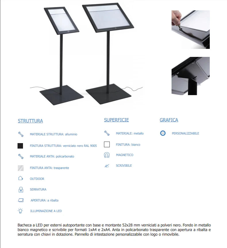 Leggio Menu per esterni Led Nero Ristoranti Alberghi Bed and Breakfast - 2 x A4 LED